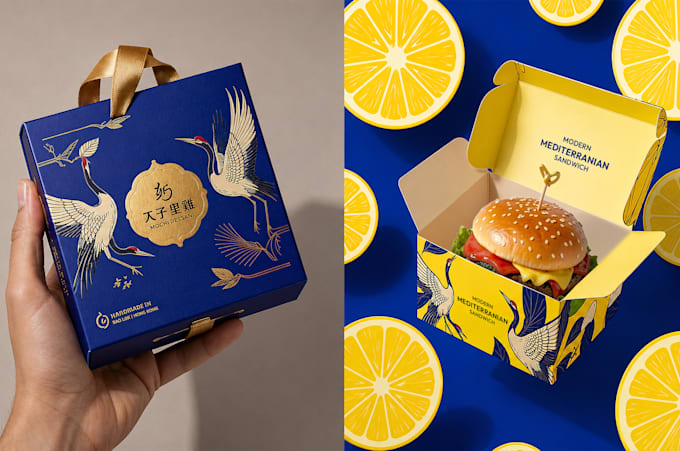 design product packaging box and label with 3d mockup and branding