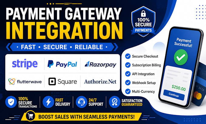 integrate stripe paypal razorpay flutterwave square authorize payment gateway