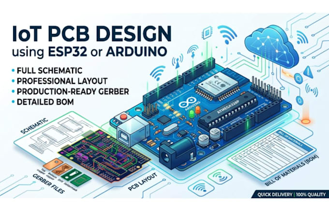 do iot pcb design using esp32 or arduino with schematic layout, gerber and bom