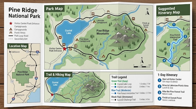 create park map, itinerary map, trail map, location map and hiking map