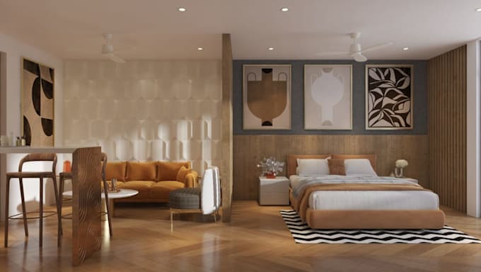 do studio apartment interior, home office, mini cafe, modern kitchen, bedroom