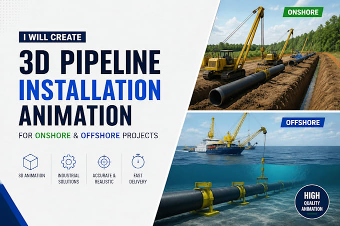 create a 3d pipeline installation animation for onshore and offshore projects