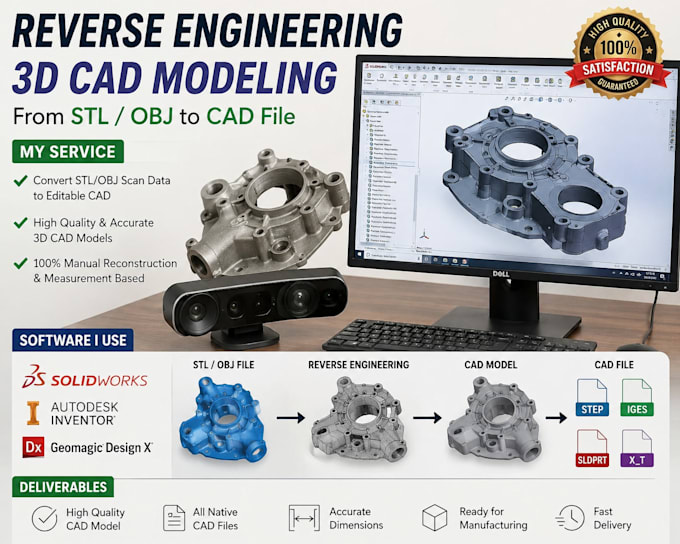 do reverse engineering parametrc 3d cad product design from stl, obj to cad file