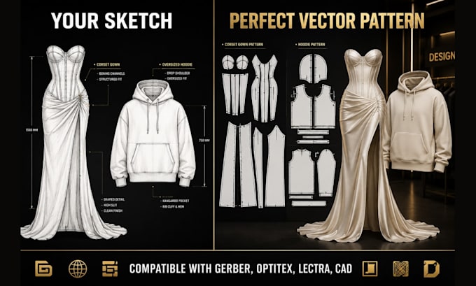 draft digital sewing pattern and precise size grading for factory production
