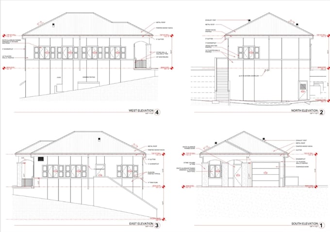 draft permit elevation plan, autocad sectional drawing, roof layout plan design