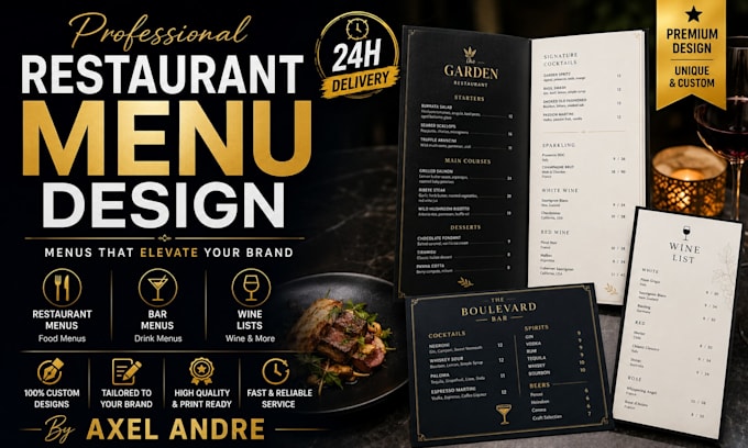 design a professional restaurant menu, bar menu or wine list