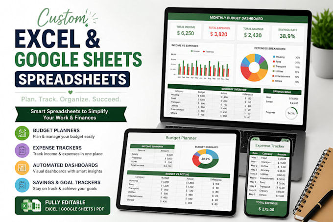 build automated excel spreadsheets, budget tracker, expense and income dashboard