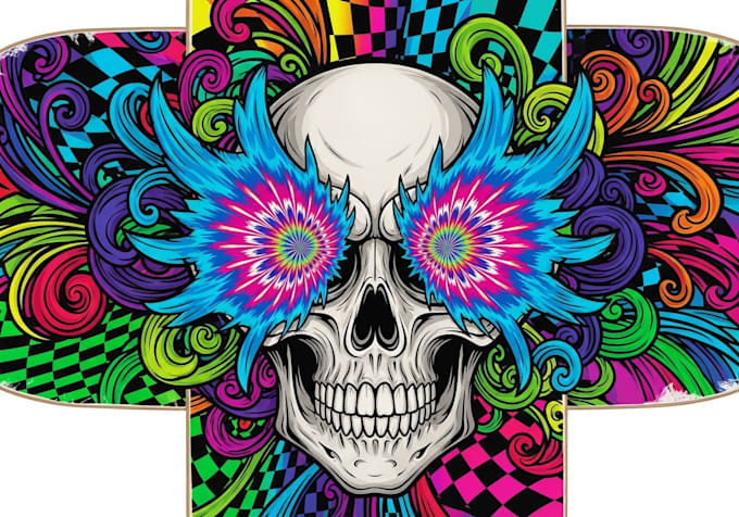 design artwork psychedelic, comic, skull for skateboards