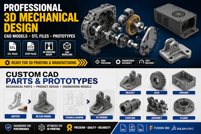 design professional 3d mechanical part cad model for 3d printing and prototyping