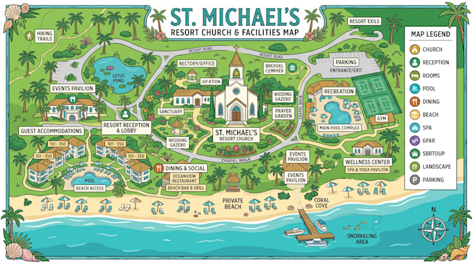 design resort map illustration, church map, hotel map, property map, site map