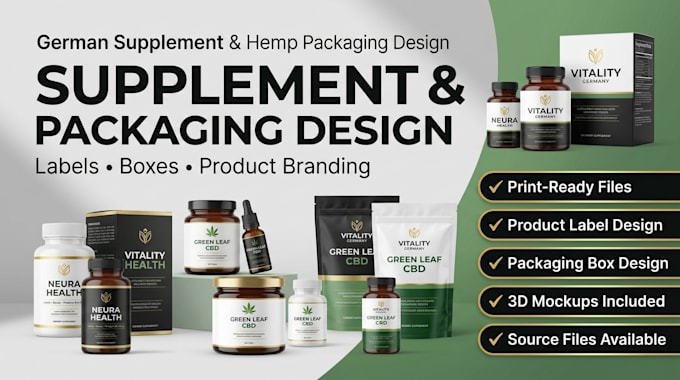 design german supplement or hemp product packaging box and label