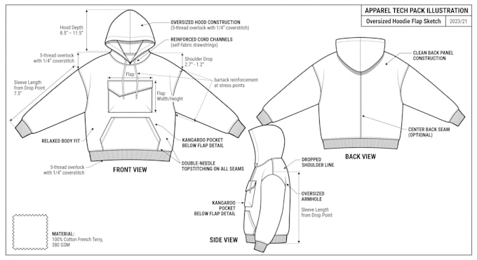 create an apparel tech pack and technical flat sketch