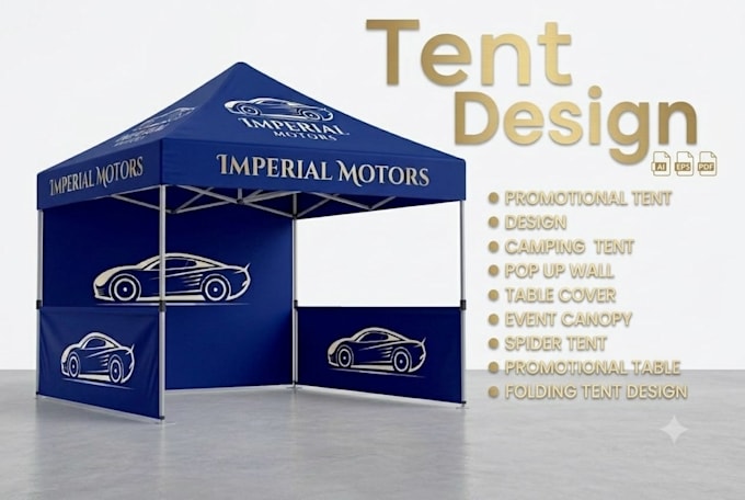 design a modern canopy tent, table cover and feather flag
