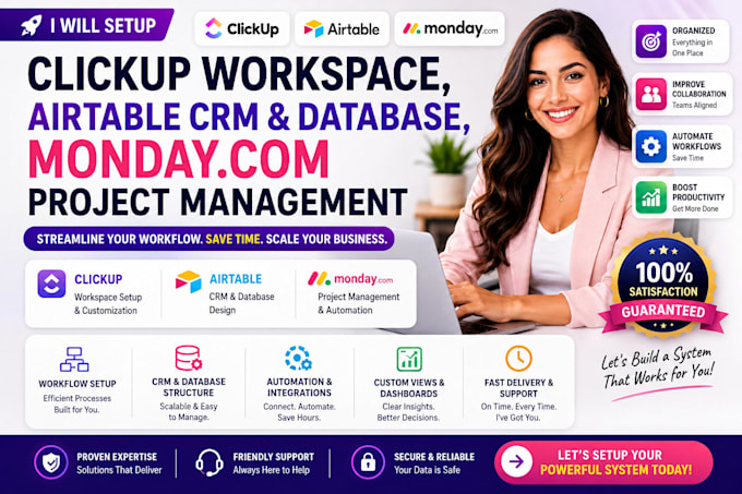 setup clickup workspace airtable crm database, monday com project management