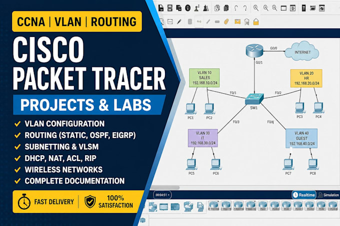 create cisco packet tracer projects, vlan, routing and subnetting labs