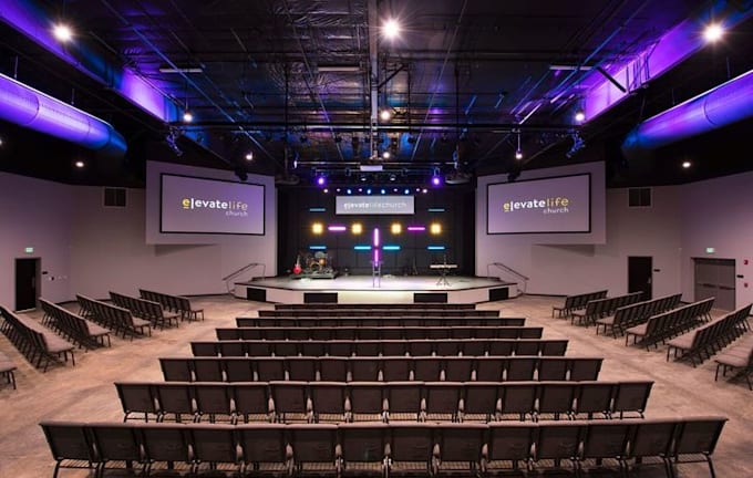 design church auditorium, altar and 3d architectural rendering