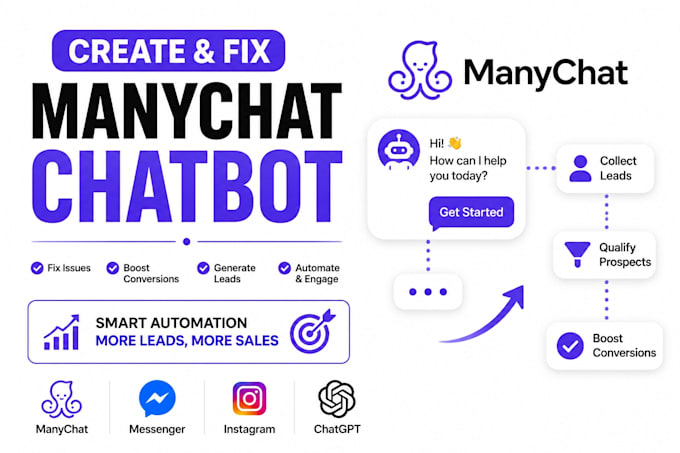 create or fix manychat chatbot automation, instagram, facebook messenger