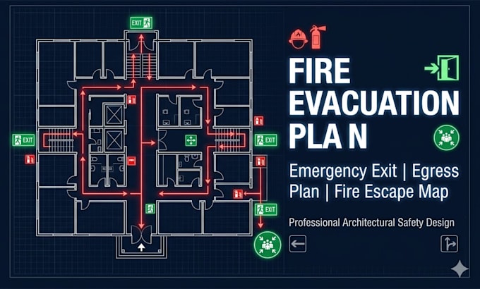 design fire evacuation plan, emergency egression and fire escape saftety map