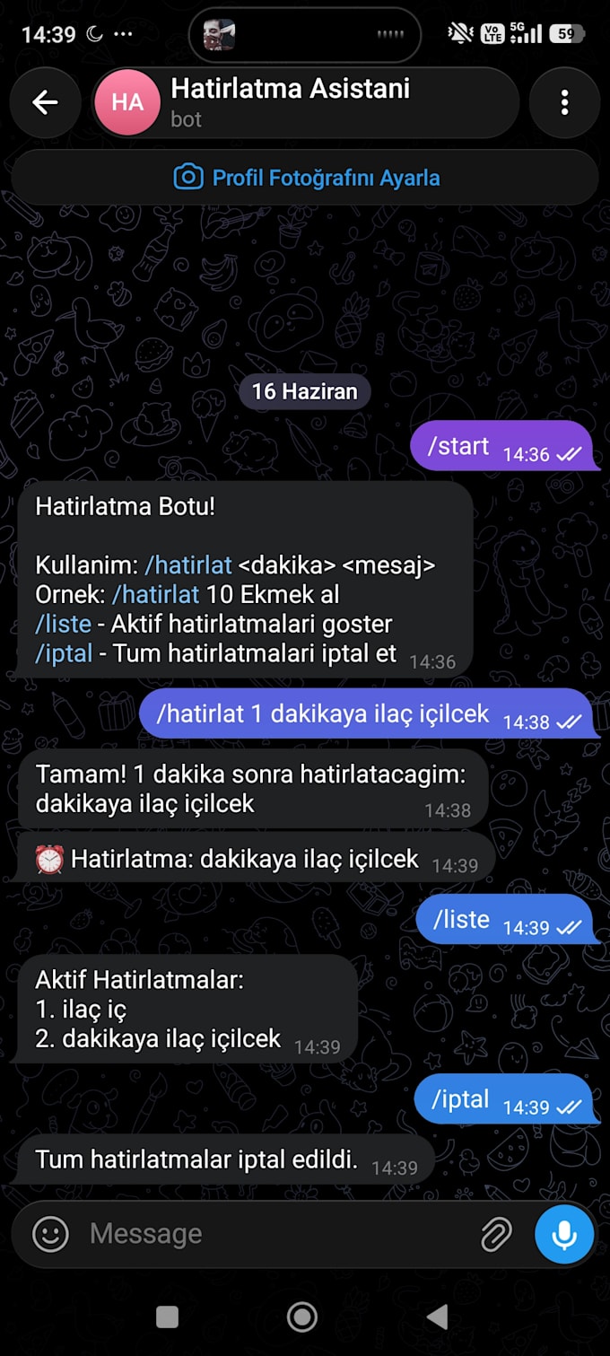 create a telegram reminder bot with custom alerts