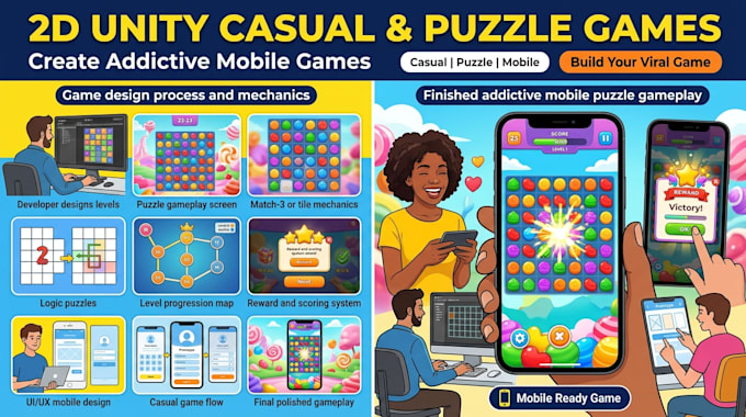 develop 2d unity puzzle mobile game, hyper casual game, brain game, match 3 game
