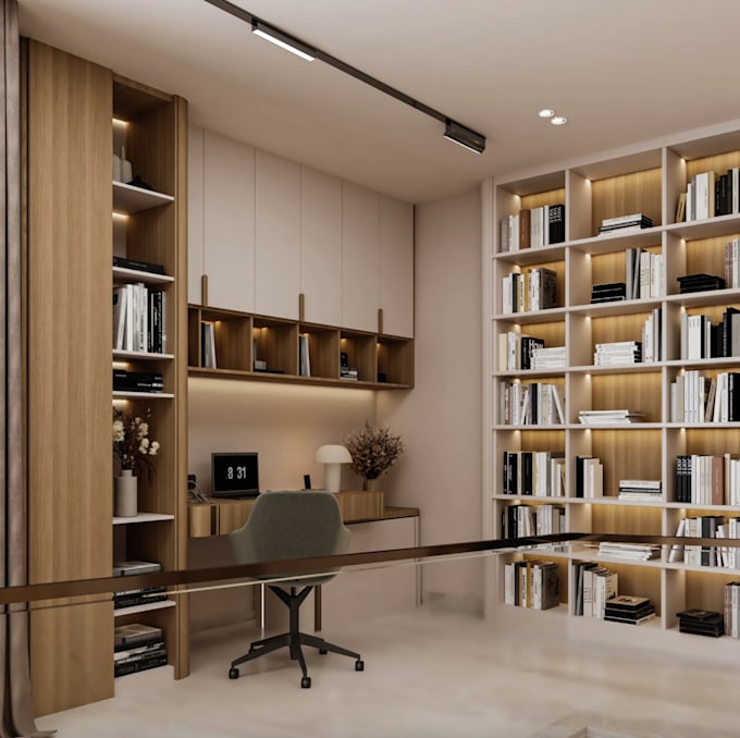 redesign library interior rendering, study area, home office, 2d plan, 3d layout