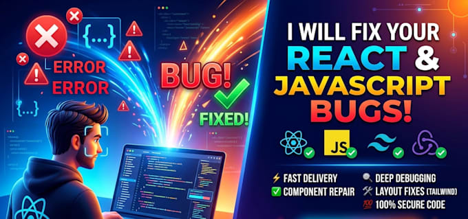 fix react js bugs, javascript errors, and tailwind issues