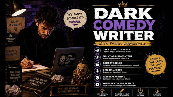 write engaging dark comedy scenes, jokes, scripts and funny absurd content
