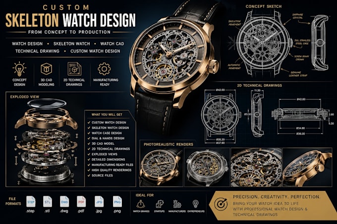 design skeleton watch, custom watch design and technical drawings