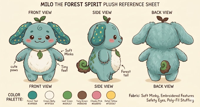 draw a detailed custom character plush reference sheet stuffed toy