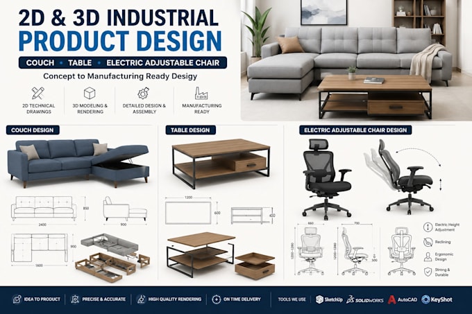 do 2d,3d industrial product design for couch, table, electric adjustable chair
