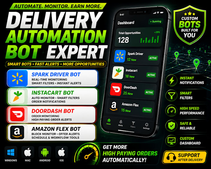 develop instacart bot, spark driver bot, doordash bot, amazon flex bot