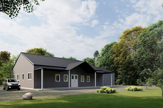design barndominium and pole barn house plan and floor plan rendering