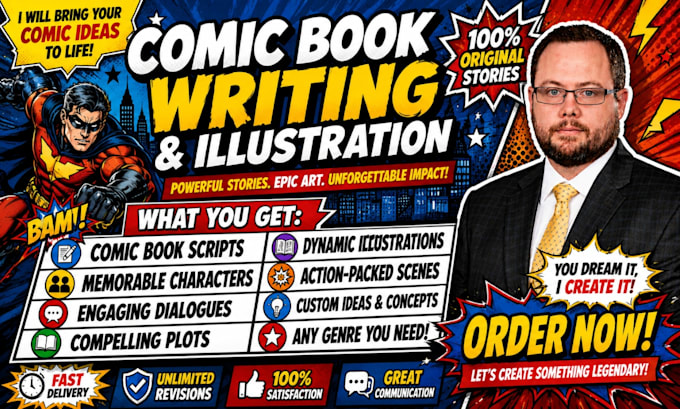 write and design comic script, comic book script, comic illustration, webtoon
