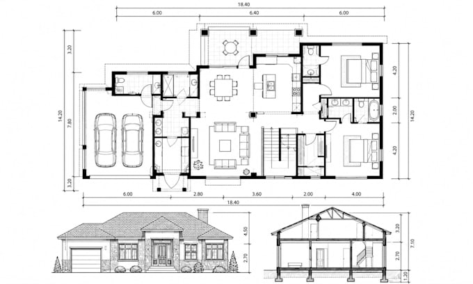 draft 2d architectural floor plans, elevations and sections in autocad