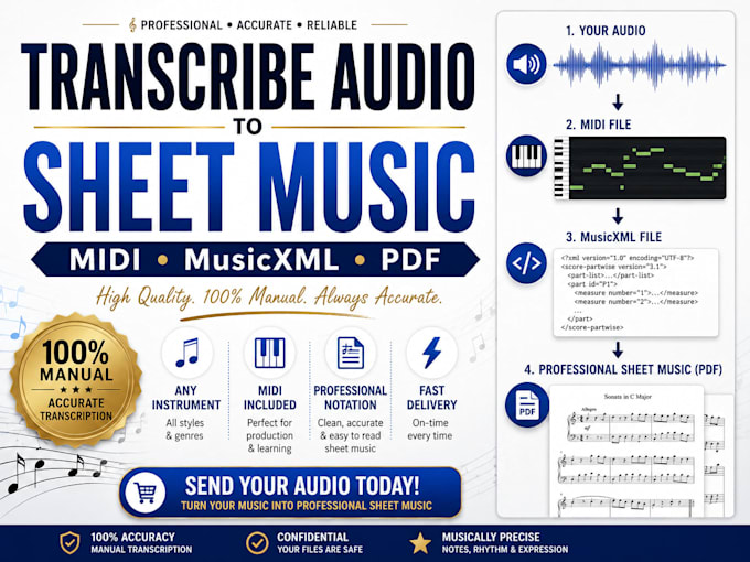 transcribe audio to sheet music, midi, musicxml or PDF