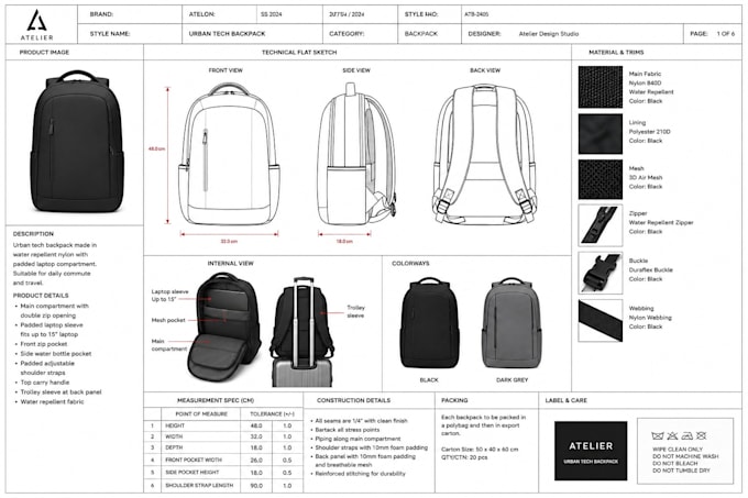 do fashion tech packs, handbag tech packs, backpack tech packs, technical flat