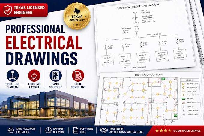 draw a electrical plan single line diagram, lighting layout, panel schedule