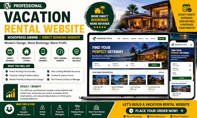 build vacation rental website, wordpress airbnb website, direct booking website