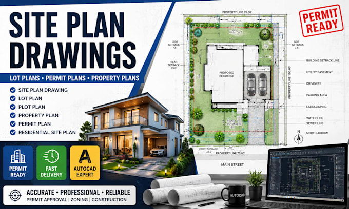 create permit ready site plan drawing lot plan and property plan in autocad