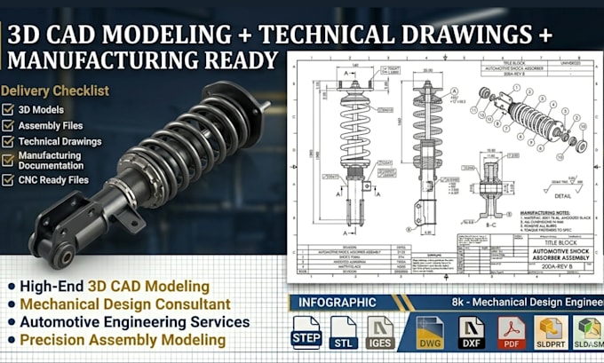 do mechanical parts, 3d cad modelling, 2d cad, 3d cad rendering, product design