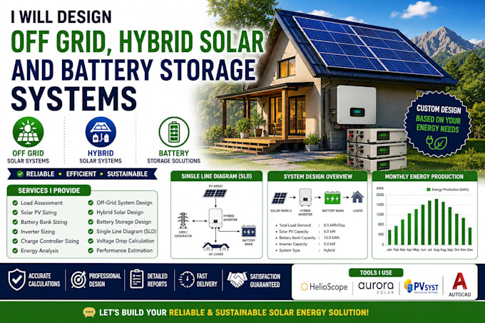 design off grid, hybrid solar and battery storage systems