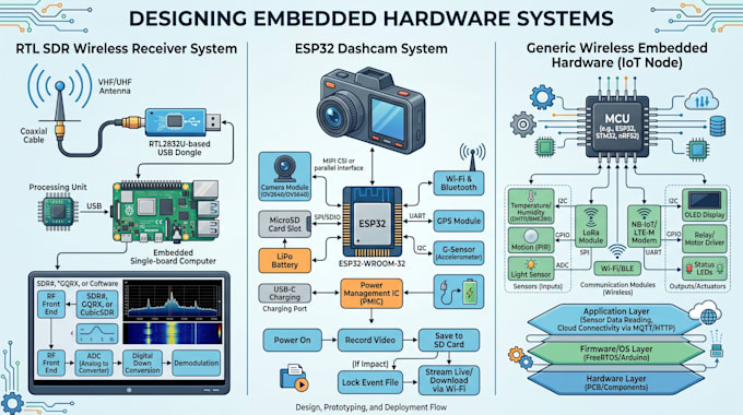 design rtl sdr, esp32 dashcam and wireless embedded hardware systems