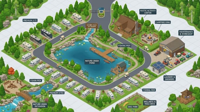 draw redraw custom vector site rv park map treasure city property isometric map
