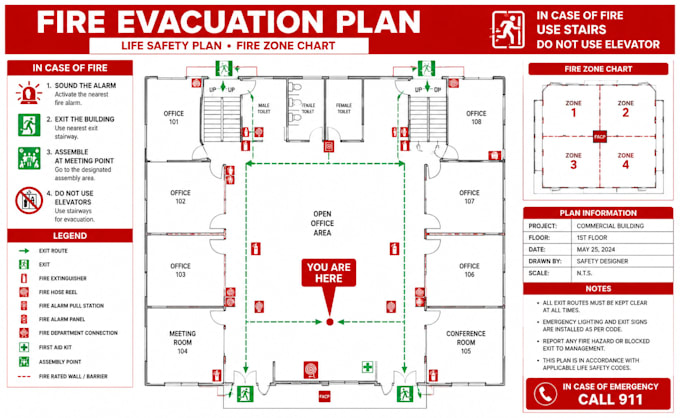 design fire evacuation plan, life safety plan and fire zone chart