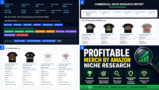 find profitable low competition merch by amazon niches and keywords