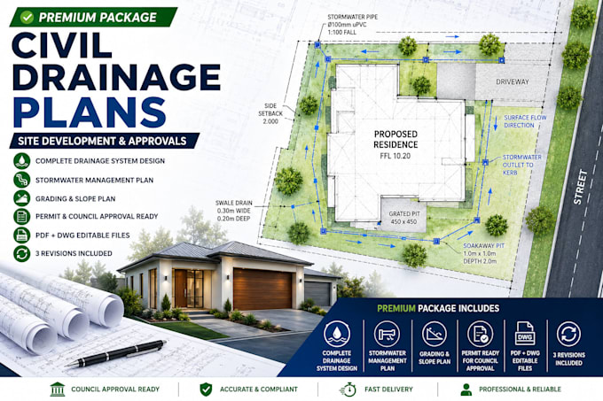 design civil drainage plans for site development and approvals