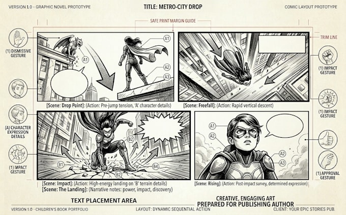 create comic storyboard and visual storytelling sequences for books