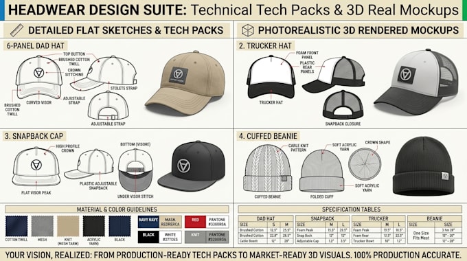 create 3d mockup for hat, truckercap, beanie, snapback, techpack, flat sketch