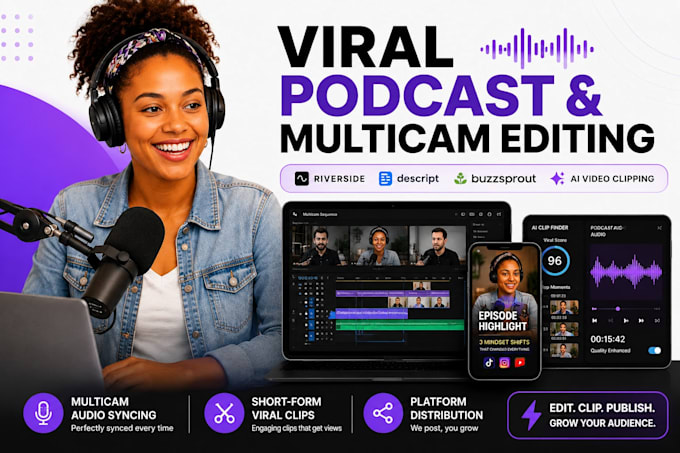podcast editing, multicam interviews, riverside fm, buzzsprout descript ai video