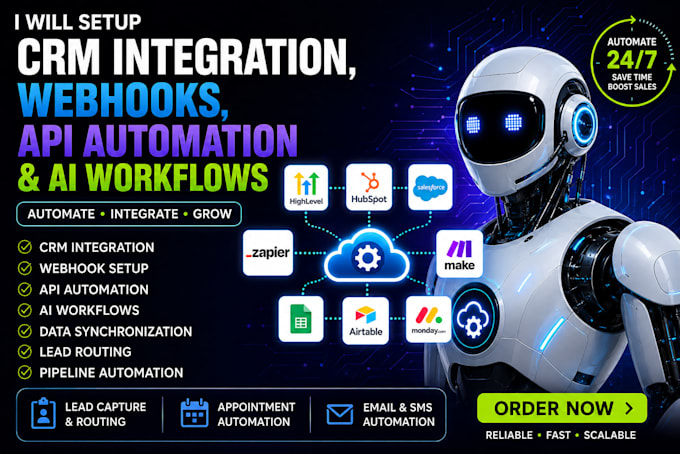 setup CRM integration, webhooks, API automation and ai workflows